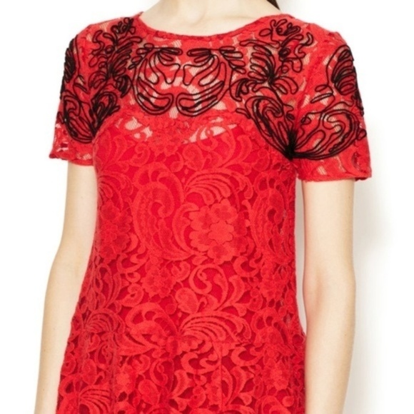 Free People Lace Dreamer Short Sleeve Shift Dress in Cherry Red Size Medium - Picture 2 of 8